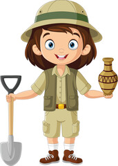 Cartoon archaeologist girl on white background