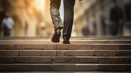 Elevating Success: Close-Up of Young Businessman Climbing Stairs. Generative AI