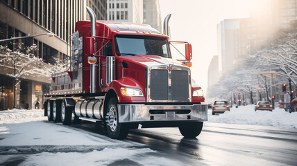 Winter Wonderland: Retro Red Truck in Frosty snow city Setting - Generative Ai