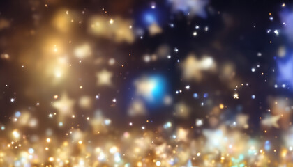 Golden Stars on Dark Background, Christmas and New Year 2024 Wallpaper with Bokeh, Beautiful Backdrop, elegant sparkly decoration and copy space