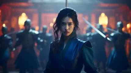  A young Chinese woman stands in front of a group of troops wielding swords © Pillow Productions