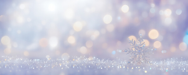 Light blue banner. Ice and snow wallpaper. New Year 2024, Bokeh Background. Beautiful, elegant sparkly decoration. Copy space