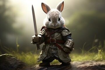 adorable bunny in warrior attire. Generative AI - obrazy, fototapety, plakaty