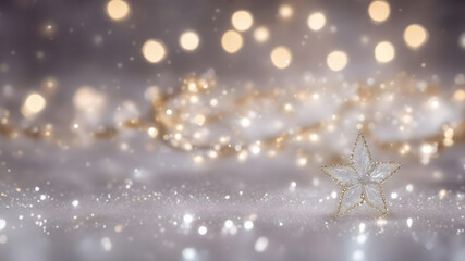 Obraz na płótnie Canvas Delicate Christmas and New Year 2024 Wallpaper with crystal star, Bokeh Background, beautiful, elegant sparkly decoration and copy space