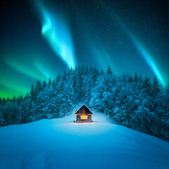 A winter scene with a solitary wooden cabin and snow-covered fir trees. Aurora borealis. Northern lights in winter forest. Christmas holiday and winter vacations concept - obrazy, fototapety, plakaty