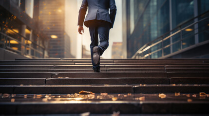 Elevating Success: Close-Up of Young Businessman Climbing Stairs. Generative AI