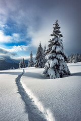A winter landscape with snow-covered fir trees on a mountain meadow and a path trodden through the...