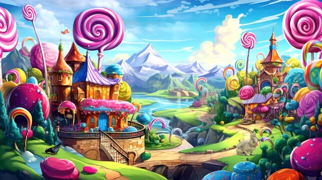 fairy house in Fantasy land of with castle palace, many candy lollipop, green grass, rainbow, river, cartoon animation video background for live wallpaper looping 