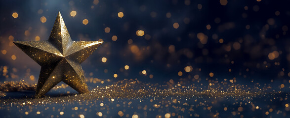 Golden Star on Dark Blue Background. Beautiful, elegant dark wallpaper. Christmas and New Year 2024 Wallpaper with Bokeh, copy space