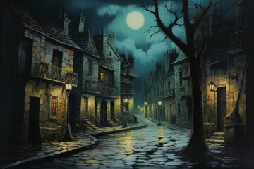 Painting of moonlit old city street landscape. Generative AI