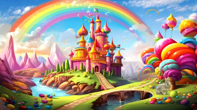 Fantasy Land Of  Fairy With Castle Palace, Many Candy Lollipop, Green Grass, Rainbow, River, Cartoon Animation Video Background For Live Wallpaper Looping 