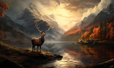 Elk, stag, antler, deer standing next to a lake. landscape mountains background, Digital oil painting