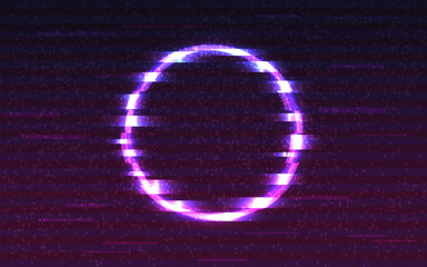 Glitch circle. Neon round element. Cyberpunk banner template. Futuristic distortion effect. Distorted digital signal. Retro future frame. Glitched ring. Vector illustration