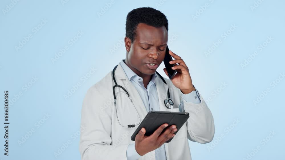 Aufkleber black man, phone call and tablet with doctor problem, communication and stress about results. frustr