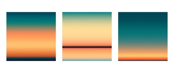 Fototapeta premium Sunrise or sunset colorful gradients background set. Smooth blurred wallpaper set in orange, yellow, green colors. Abstract night or evening sky horizon backdrop. Vector illustration