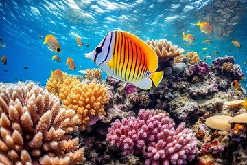 Vibrant marine life: copperband butterflyfish and chelmon rostratus in stunning coral reefs. Generative AI