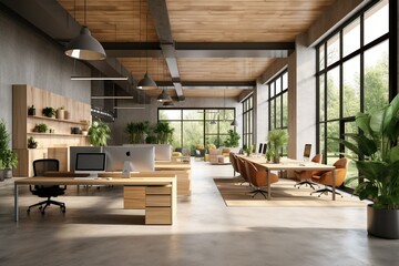 Contemporary coworking office with wood, concrete, furniture, equipment, workplace, commercial space. 3D rendering. Generative AI