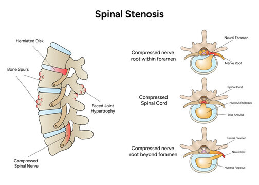 Spinal stenosis medical infographic cartoon in vector