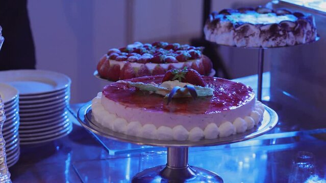 Birthday cake with strawberries close up