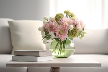 A vase of flowers next to a coffee table and book, concept of Minimalist decor