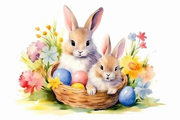 Two adorable bunnies in a basket of colorful Easter eggs. Cheerful watercolor artwork. Isolated. Generative AI