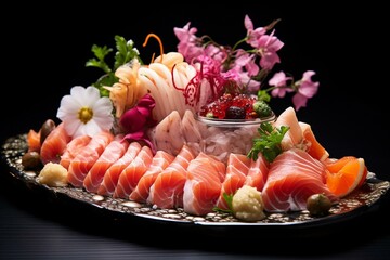 Impeccable sashimi arrangement showcasing intricate elements. Generative AI
