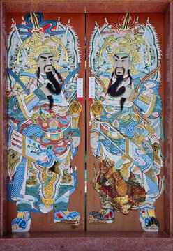 BANGKOK, THAILAND - OCTOBER 26, 2023: Painting of Chinese gods on a wooden door in The TungTrakul Trokchan Association, Thailand.