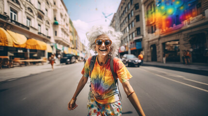cheerful elderly hippie woman in bright clothes on a city street, old lady, grandmother, world peace, subculture, 60s style, fashion, emotions, facial expression, portrait, joy, happiness, retired