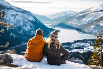 Fototapeta premium A couple sitting at the top of a snowy mountain, view from the behind. A winter hiking and wanderlust concept
