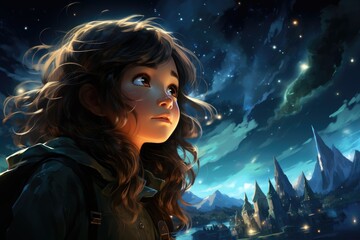 Brown-haired adventurer gazing at the northern lights.