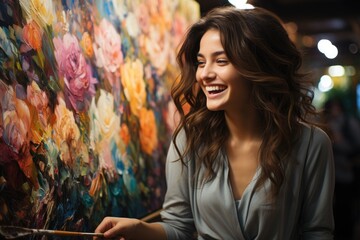 Brown-haired artist immersed in painting a canvas.