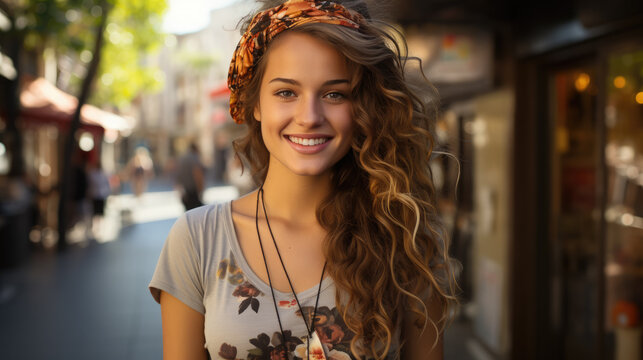 young beautiful hippie woman with long curls and hair band smiling, beads, girl portrait, fashion, style, sunlight, world peace, joyful emotions, facial expression, happiness, city street