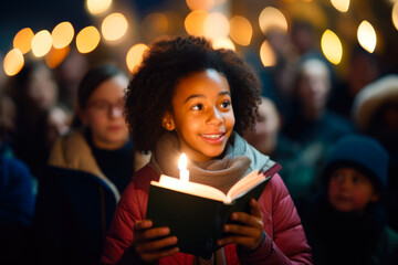 African American girl holding a christmas carol book at Christmas carol, with a crowd holding candles in the background and christmas lights