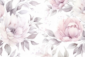 Gray splash watercolor pattern with peony and blossom flowers for wedding, invitation, valentine cards and prints. Generative AI