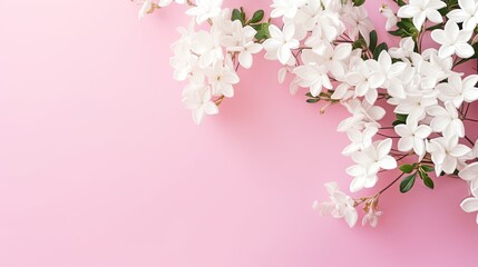 Blooming white jasmine plant on an empty pink background