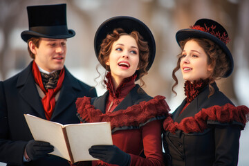 Obraz premium Christmas carolers in victorian outfits in winter time