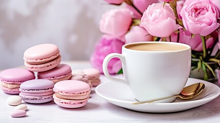 Fototapeta na wymiar A bouquet of pink peony flowers with cup of coffee and macaroons