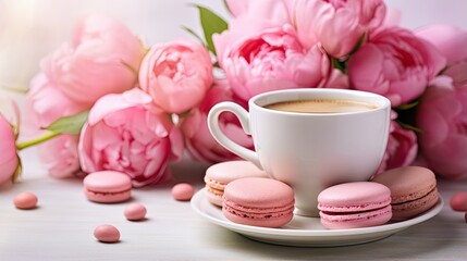 Fototapeta na wymiar A bouquet of pink peony flowers with cup of coffee and macaroons