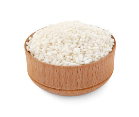 Bowl with raw rice isolated on white