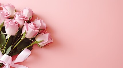 A bouquet of pink roses on colored table background