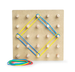 Wooden geoboard with rhombus made of colorful rubber bands isolated on white. Educational toy for...