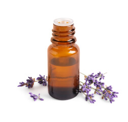 Bottle of essential oil and lavender flowers on white background