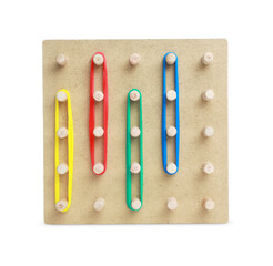 Wooden geoboard with colorful rubber bands isolated on white. Educational toy for motor skills development