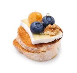 Tasty sandwich with brie cheese, fresh berries and walnut isolated on white