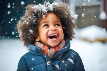 Young African American toddler laughing and standing outside in the snow catching snowflakes in hands, wearing gloves. Winter snowing cold happy holidays with white Christmas - obrazy, fototapety, plakaty