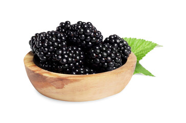 Bowl of ripe blackberries and green leaves isolated on white