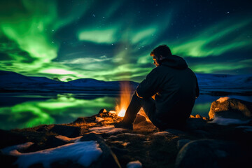 A traveler preparing campfire under the Northern Lights