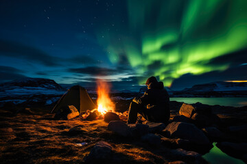 A traveler preparing campfire under the Northern Lights