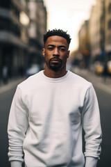 Obraz premium A handsome man standing outdoors in a city, modelling a plain white sweatshirt ready for a design. Generative AI. 