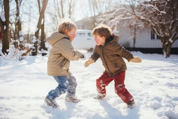 Fototapeta na wymiar Two caucasian boys - children playing in the snow, snowballs and snow fight, winter